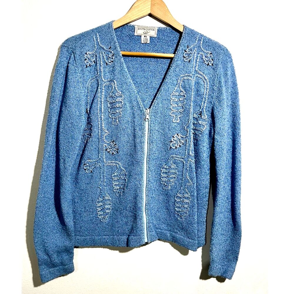 South Cotton Light sweater cardigan embroidery coastal cottage bohemian women XL
